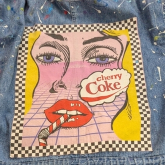 Cherry Coke Repurposed Blue Jean Denim Jacket XXL - Picture 6 of 8